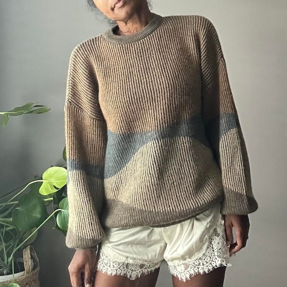 Vintage Alpaca Blend Sweater Womens Size XL Brown Fan Stripes 70s